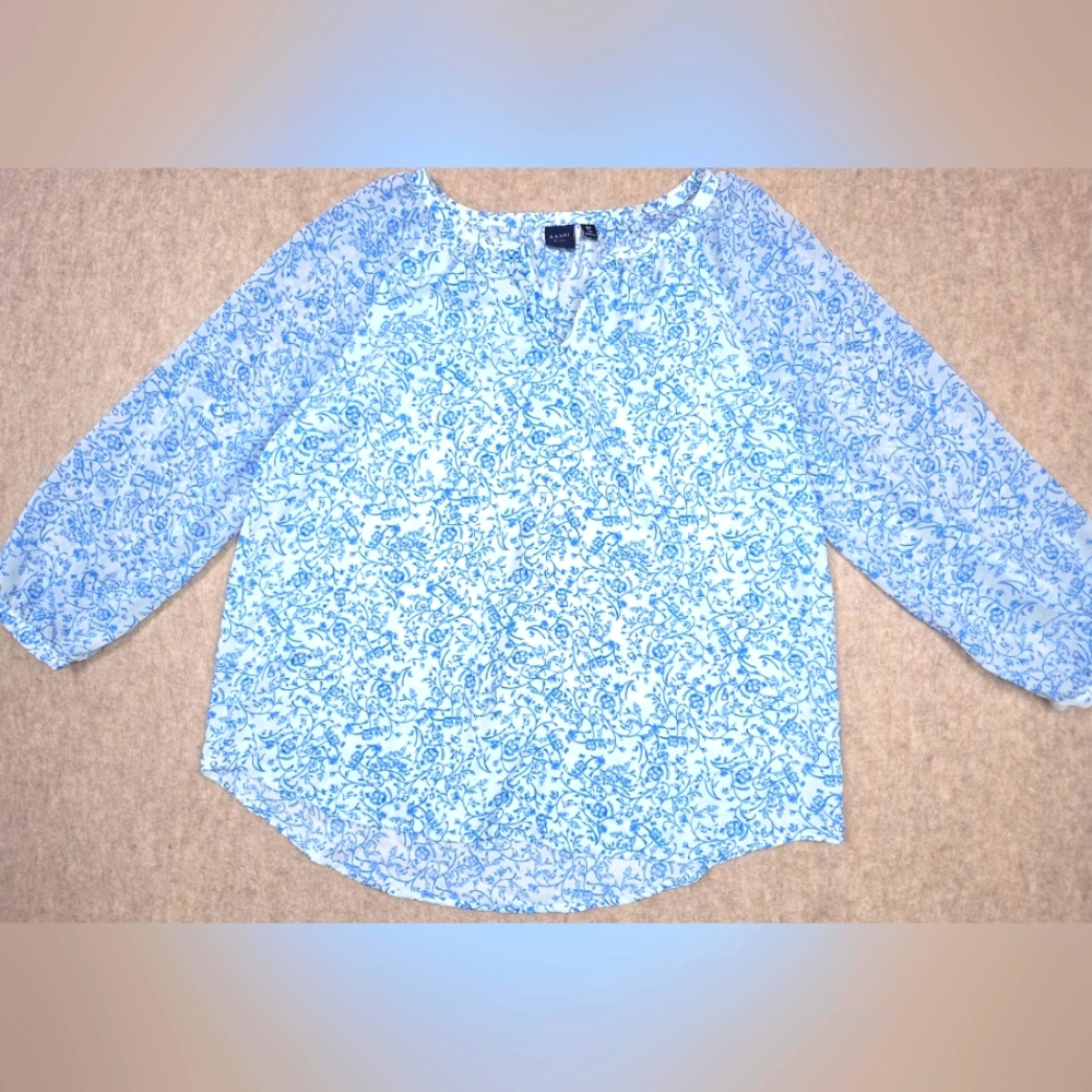 Kaari Blue Blouse‎ White Blue Floral Size Medium